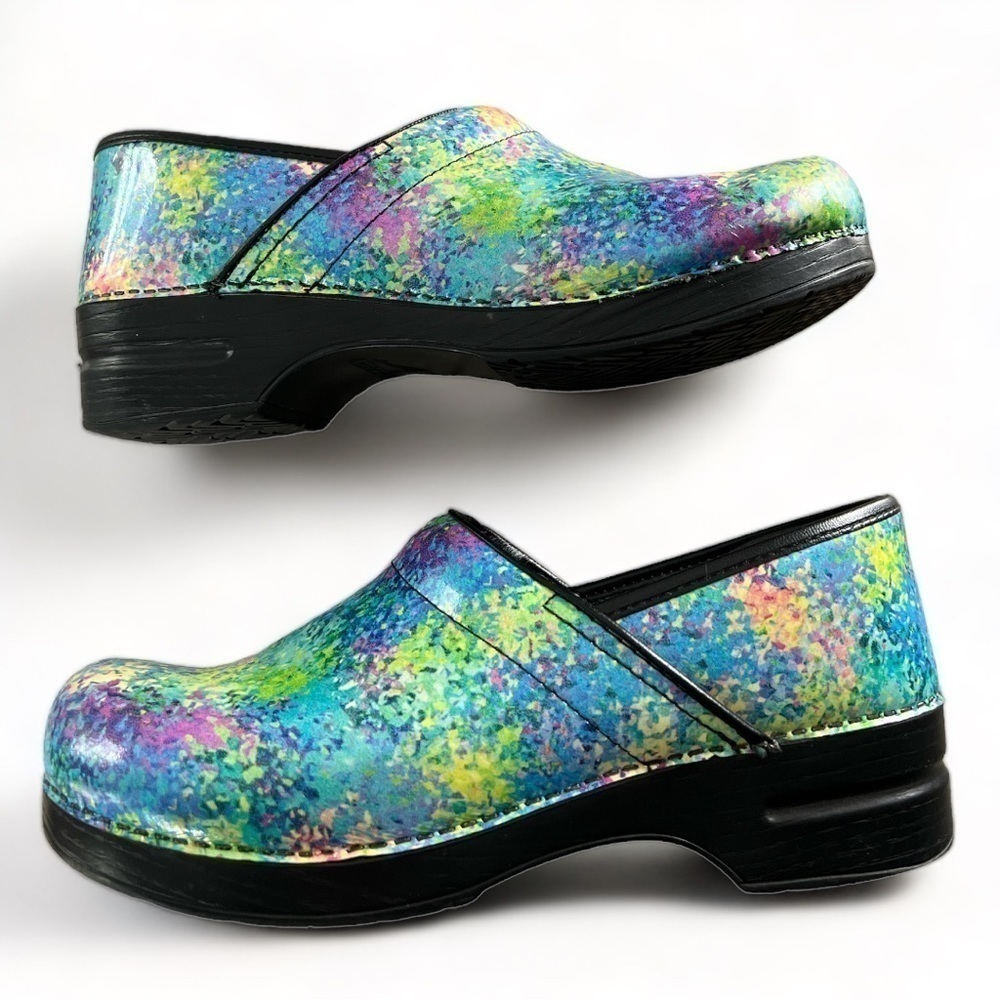 Dansko Teal Purple Pink Green Yellow Speckled Leather Clogs Size 11.5 - Picture 5 of 17